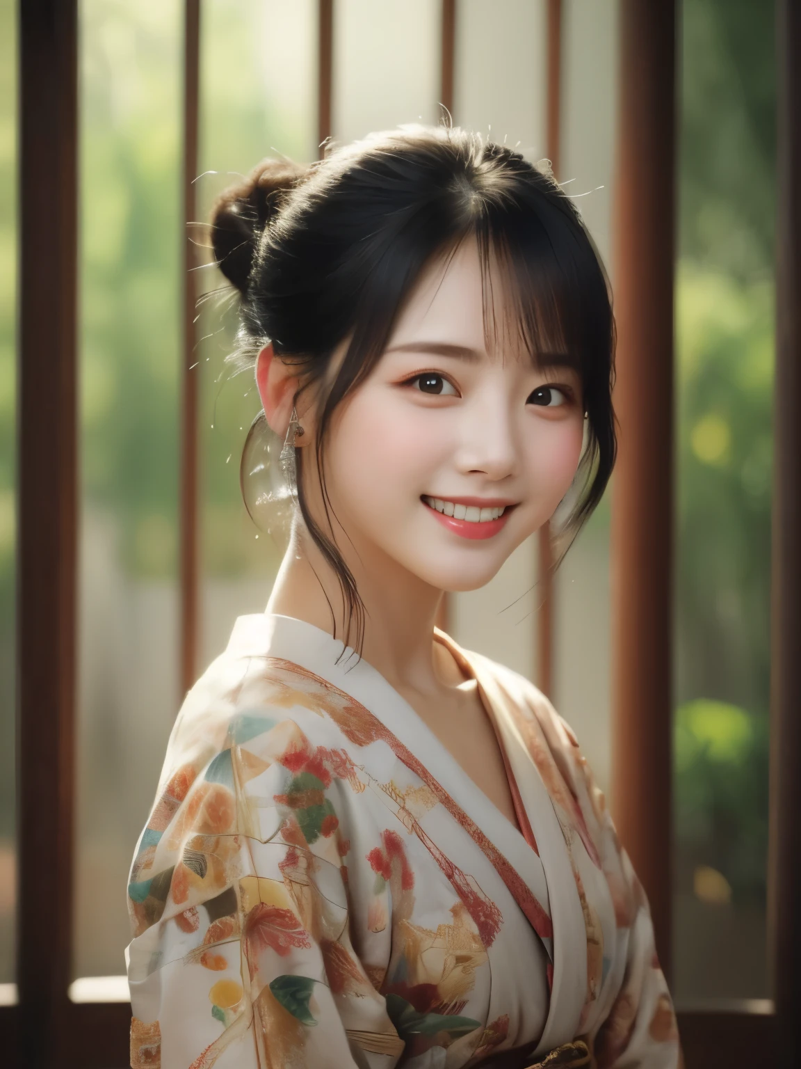 1woman, solo,((grin)), ((28yo)), looking at viewer, smile, black hair, brown eyes, upper body, earrings, japanese clothes, kimono,blurry, lips, single hair bun, realistic,((cinematic)),((natural soft light)),ultra detailed, fein face_expression, ((8K)),((in a japanese temple)),1woman, solo,((grin)), ((28yo)), looking at viewer, smile, black hair, brown eyes, upper body, earrings, japanese clothes, kimono,blurry, lips, single hair bun, realistic,((cinematic)),((natural soft light)),ultra detailed, fein face_expression, ((8K)),((in a japanese temple)),