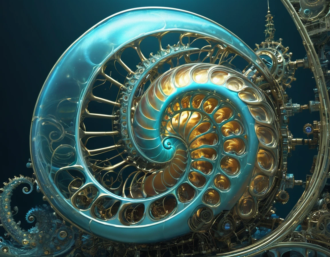 (A mechanical lifeform, the nautilus, drifting in the ancient seas:1.2)、(Nautilus Machine Lifeform)、(Nautilus is mechanically drawn:1.2)、Machine lifeforms emerging from the Mandelbrot set、The emerging lifeforms gradually々Mechanize to、gear、Fractal Art、3D Rendering, Aurora