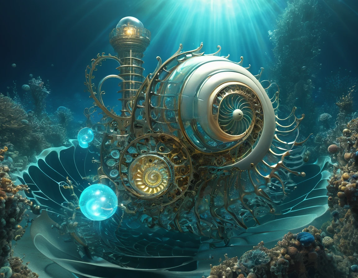 (A mechanical lifeform, the nautilus, drifting in the ancient seas:1.2)、(Nautilus Machine Lifeform)、(Nautilus is mechanically drawn:1.2)、Machine lifeforms emerging from the Mandelbrot set、The emerging lifeforms gradually々Mechanize to、gear、Fractal Art、3D Rendering, Aurora