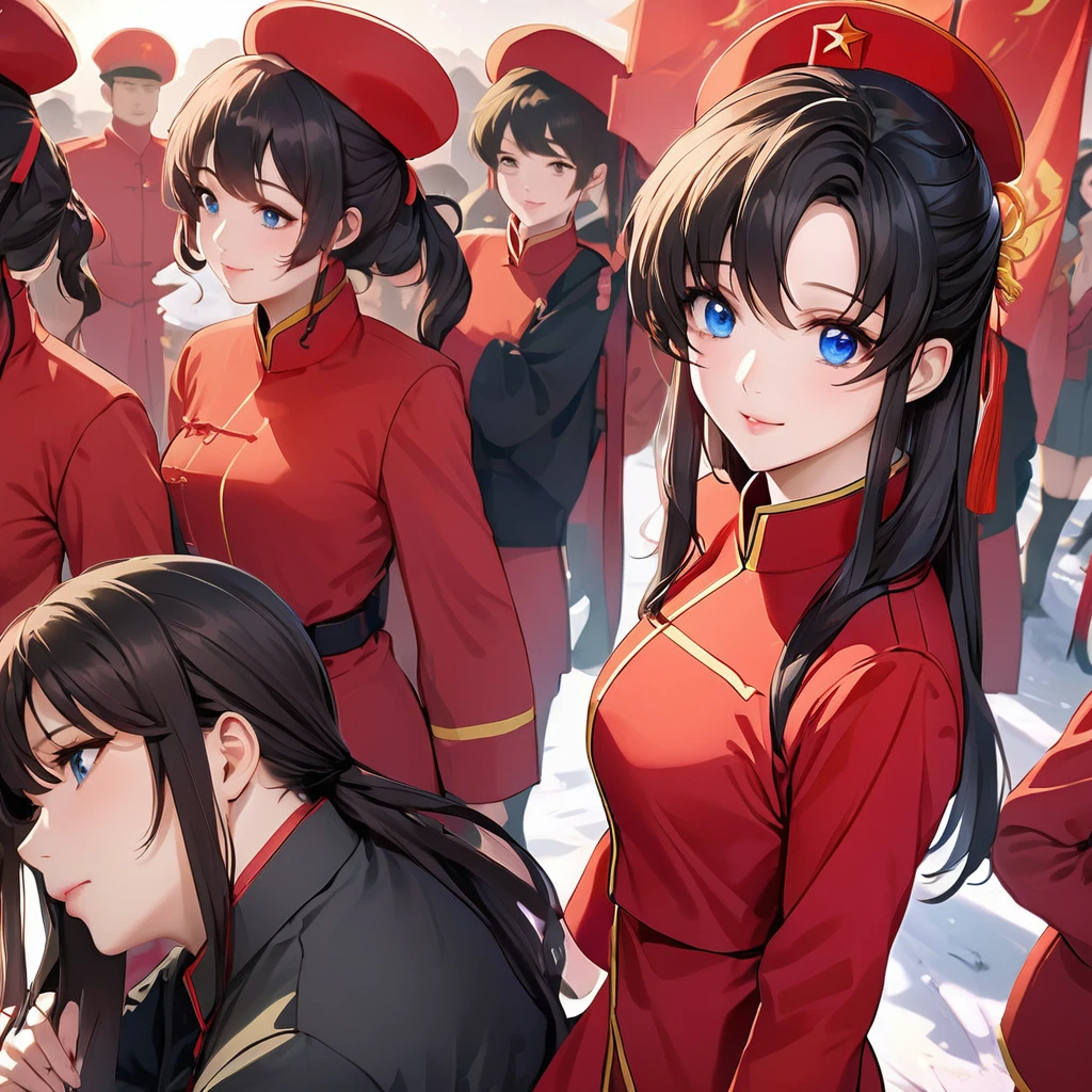 ((Highest quality)), ((masterpiece)), (detailed), （Perfect Face）、The woman is a Chinese Lacus Clyne with blue eyes and medium-long black hair. She is wearing an engagement ring. She has become a member of the glorious Chinese Communist Party and has sworn absolute loyalty to the Chinese Communist Party. She is a righteous Communist Party member of China.、The woman is wearing the fine red uniform of a Chinese Communist Party member.、For the sake of China, they dye their hair, hairstyle, clothes, and everything they wear belongs to the Chinese Communist Party, and their thoughts are also Chinese, becoming great Chinese in body and mind.、The woman became Lacus Clyne, a Chinese woman who was proud of and loved China.、Women are great members of the Chinese Communist Party for China、She is a beautiful, respectable and exemplary Communist.