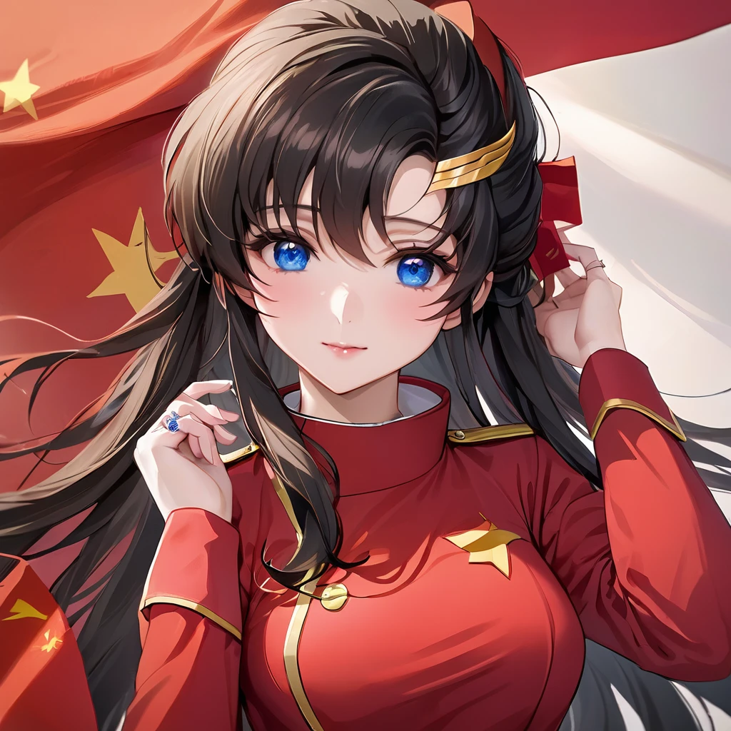 ((Highest quality)), ((masterpiece)), (detailed), （Perfect Face）、The woman is a Chinese Lacus Clyne with blue eyes and medium-long black hair. She is wearing an engagement ring. She has become a member of the glorious Chinese Communist Party and has sworn absolute loyalty to the Chinese Communist Party. She is a righteous Communist Party member of China.、The woman is wearing the fine red uniform of a Chinese Communist Party member.、For the sake of China, they dye their hair, hairstyle, clothes, and everything they wear belongs to the Chinese Communist Party, and their thoughts are also Chinese, becoming great Chinese in body and mind.、The woman became Lacus Clyne, a Chinese woman who was proud of and loved China.、Women are great members of the Chinese Communist Party for China、She is a beautiful, respectable and exemplary Communist.