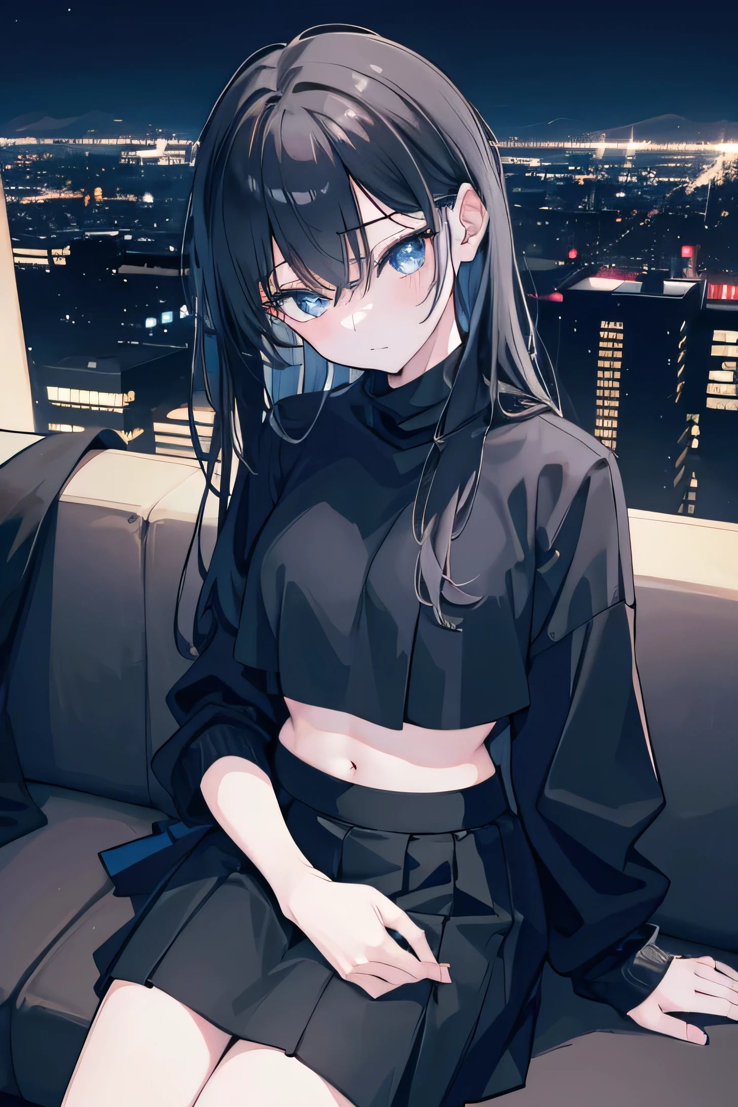 4k, realistic, masterpiece, detailed, hoshino ai, in a big flat, modern luxurious design, a beautiful scenery on the city, night, nightlights, highly elevated flat, sitting on the couch, looking at the scenery, black crop top, big , black skirt