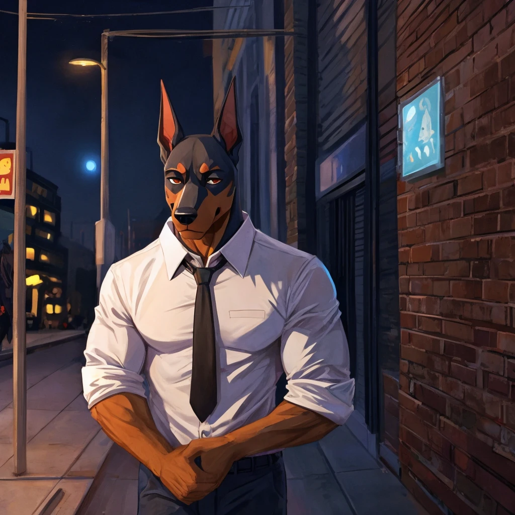 doberman furry dog, with a white shirt and tie, muscular, tired face, at night, dark night, on the street