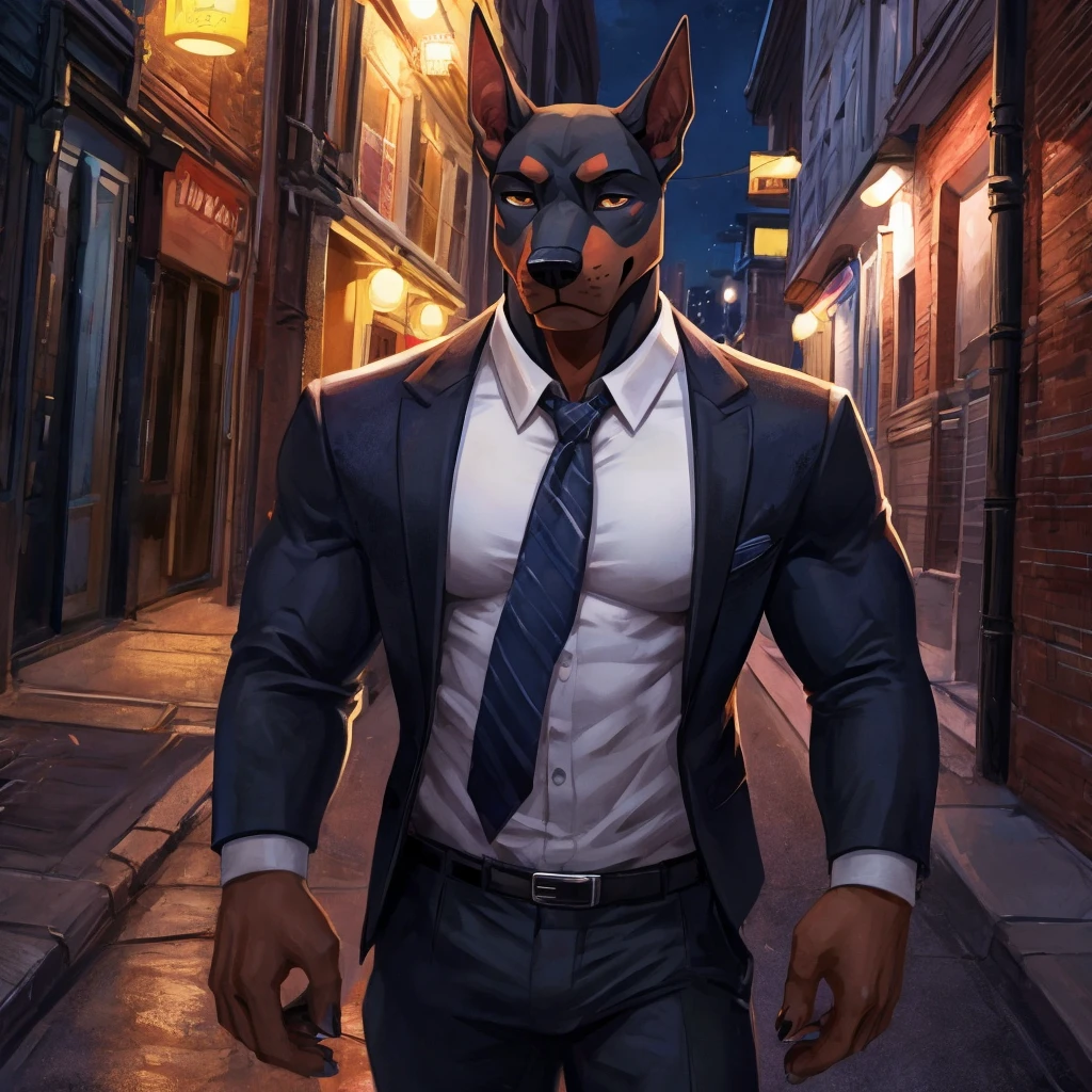 doberman furry dog, with a white shirt and tie, muscular, tired face, at night, dark night, on the street