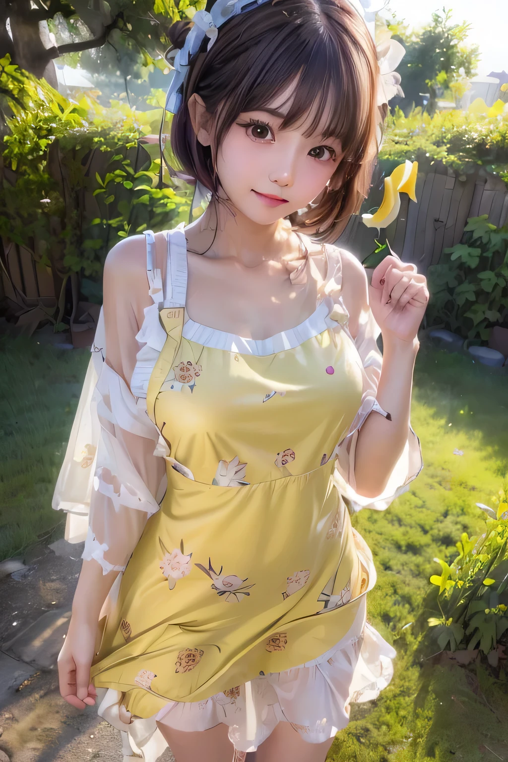 symmetry、High-detail RAW color professional close-up photography、(Detail Face:1.2),(JPOP Idol),(Lori:1),(cute:0.9),Teen,Brown Hair,16 years old,(Sharp Focus:1.3),(smile:1. 2),Dumpling,short hair,(Straight bangs),(Flat chest:1),((Slender waist)),(pop,dreamy,Teen),(Detailed clothing),(sweetheart:1.2),(Magical girl:1.2),ribbon,(flip flops,Lemon print pinafore dress:1.35),Panties,(Cute pose:1. 2),Put your finger to your mouth,(Upper Body:1.3),(dynamic:1.2),(dynamic pose:1. 25), (Distant wide shot), forest, (Campsite details:1.3), (cuteティピ:1.215), Morning Dew, (Russia Details:1.2), (sunset:1.25), Sunlight filtering through the trees、Particles of light、flowering,