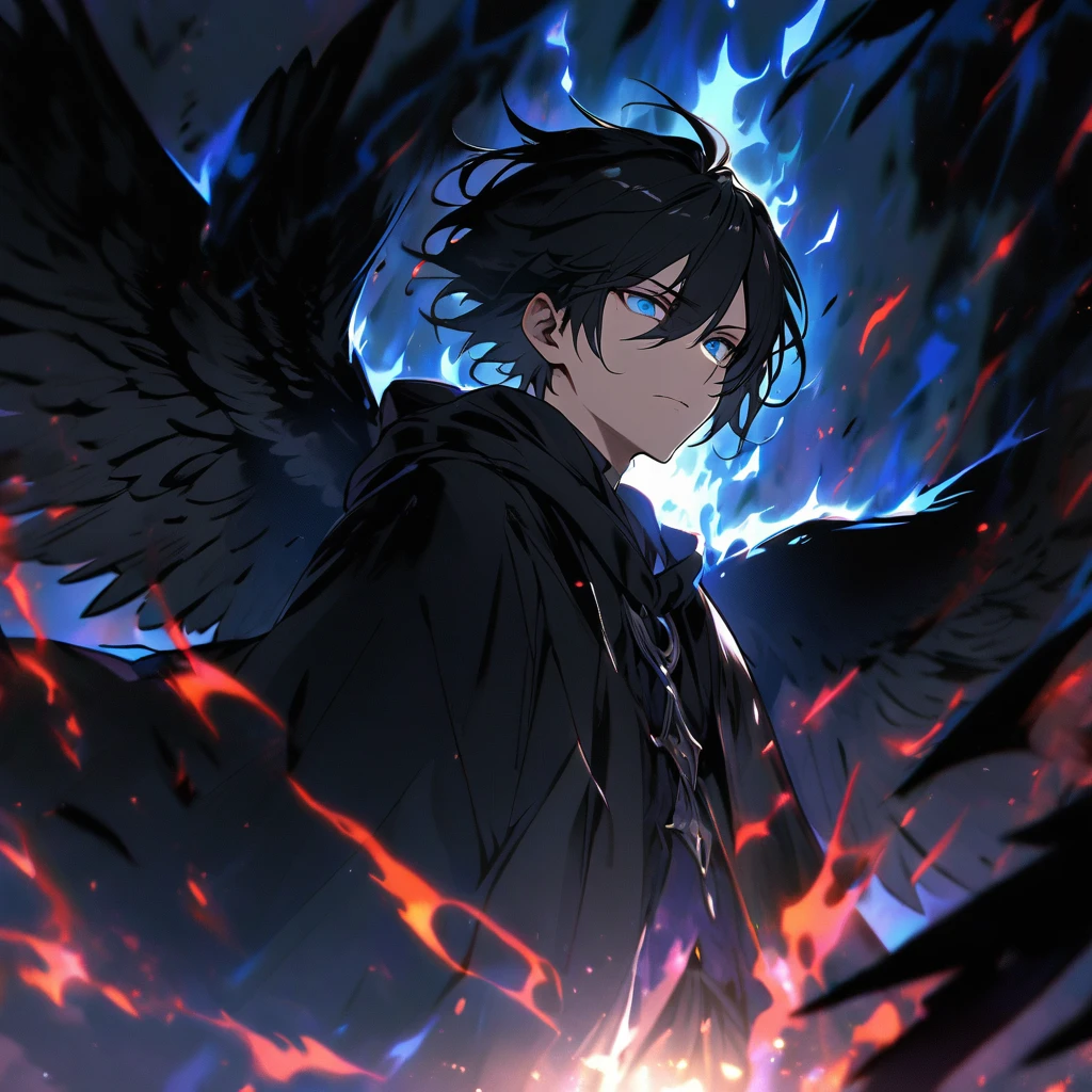 male, black hair, blue eyes, black wings, black robe, and an aura of darkness behind him