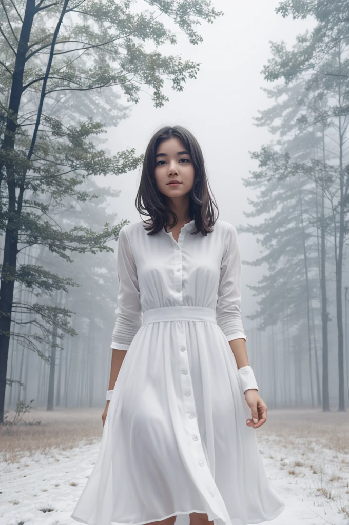 A faceless girl in a white dress in the middle of the white fog