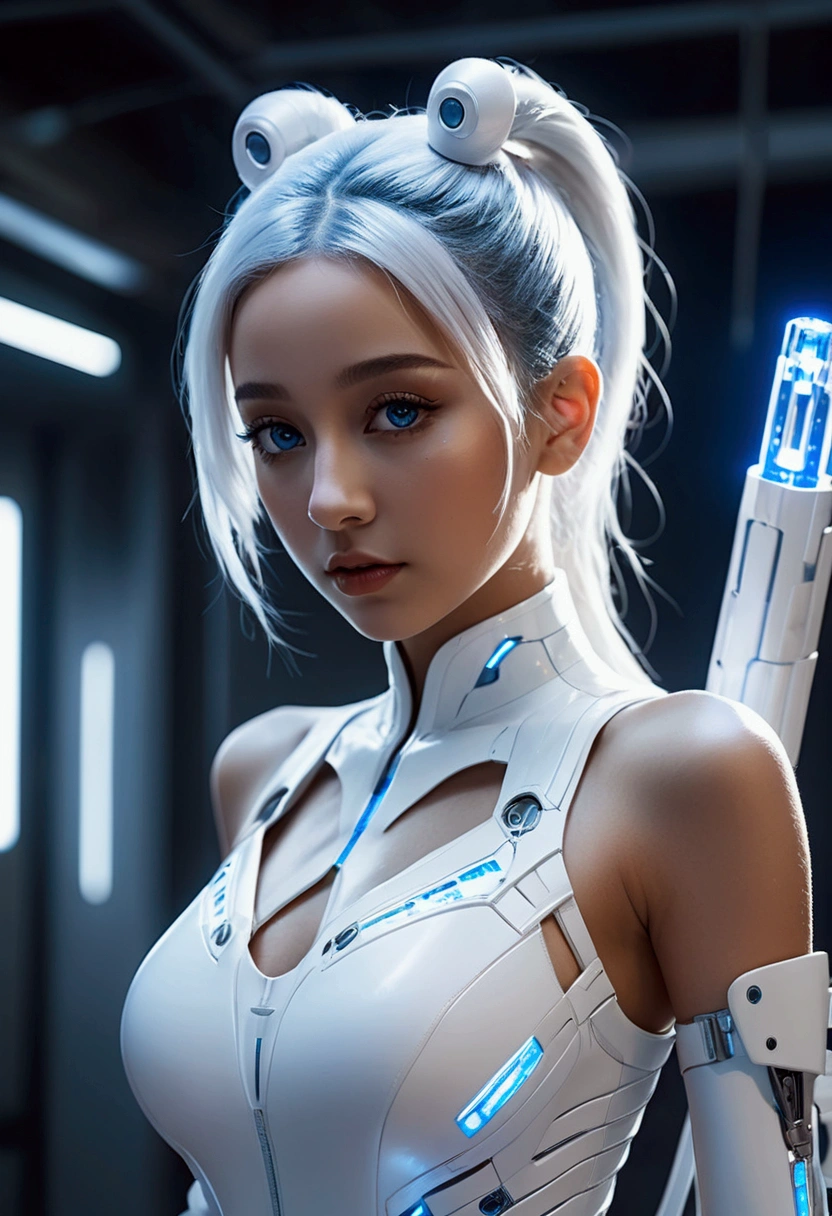 Full-body cyber girl in a ponytail. Ariana Grande's face. Bright white color showing that she is a cyber girl equipped with a laser rifle. white-eyebrows. catsuit-like clothes. She also has bright blue eyes. The environment is like a Terminator.. hair is platinum. She has a bright blue glow on one side of her face.. The same state.  And there are LED lights in both hands..