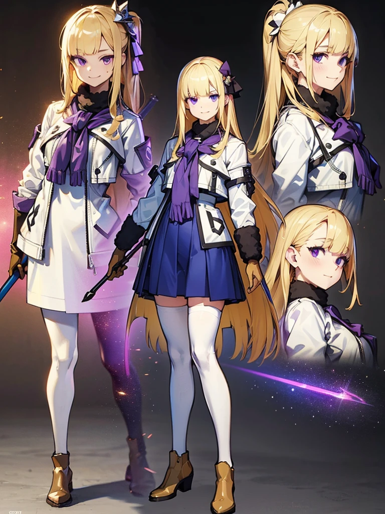 Highest quality,((Highest quality)),((Tabletop)),((Perfect Face)),1 girl.White and purple dress,White jacket,With a cane,armsを持っている,The flames flicker,Blonde,Purple eyes,smile,beauty,((Holographic)),(masterpiece:1.2, Highest quality),(Colored Background) (Beautiful attention to detail: 1.2), (Highly detailed CG Unity 8K wallpapers, masterpiece, Highest quality, Very detailed, Best Shadow), (Detailed Background), White jacket,arms(woman,Carrying a walking stick),alone ,Blonde,Purple eyes,One girl, sketch (Character design sheet, same characters, whole body, Three-View, front, ~ ~ side, return), alone,