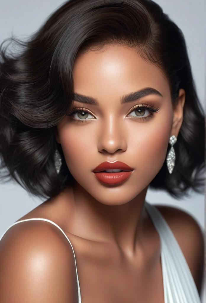 a singer with dark and radiant skin, adorned with beautiful detailed eyes,beautiful detailed lips,eyes and face ,long eyelashes, Ultra-realism,super resolution, Brazilianhighest quality, realisitic, photorealisitic, Award-winning illustrations, (details Intricate: 1.2), (subtle details), (details Intricate), (cinematic light, Super sexy short hair super girl, huge firm bouncy , Dynamic sensual poses, close-up of the upper body