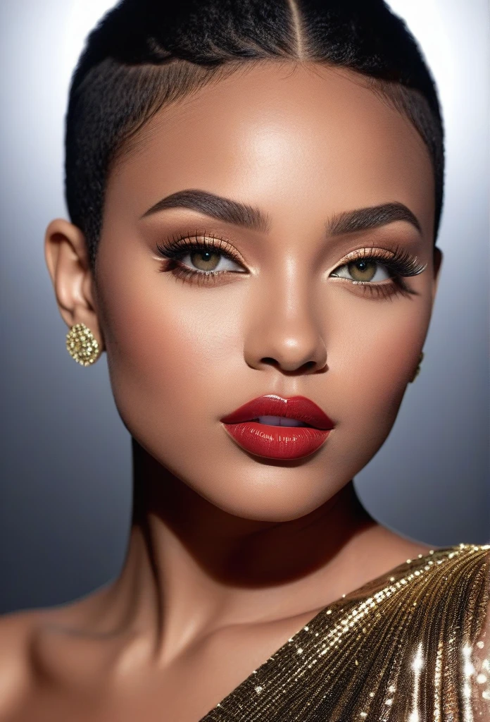 a singer with dark and radiant skin, adorned with beautiful detailed eyes,beautiful detailed lips,eyes and face ,long eyelashes, Ultra-realism,super resolution, Brazilianhighest quality, realisitic, photorealisitic, Award-winning illustrations, (details Intricate: 1.2), (subtle details), (details Intricate), (cinematic light, Super sexy short hair super girl, huge firm bouncy , Dynamic sensual poses, close-up of the upper body