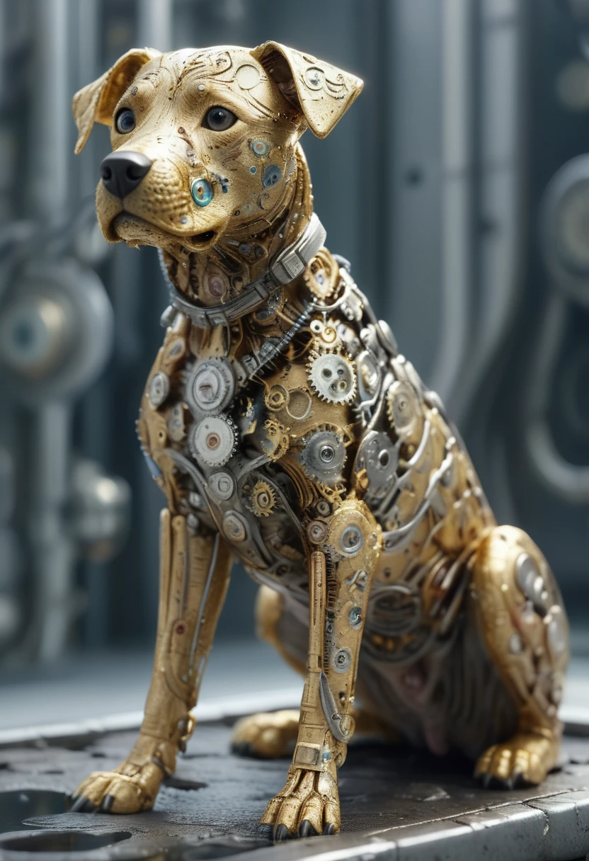 (mercury composed of one Colorful mechanical anst timeart:1.8) rising from a puddle of liquid mercury, (the dog from the movie AXL), extremely shiny, smooth surface texture, polished surface, reflective, side photo, tesselation ral-chrome, Photorealistic, Hyperrealistic, Hyperdetailed, analog style, detailed skin, matte skin, soft lighting, subsurface scattering, realistic, heavy shadow, masterpiece, best quality, ultra realistic, 8k, golden ratio, Intricate, High Detail, film photography, soft focus