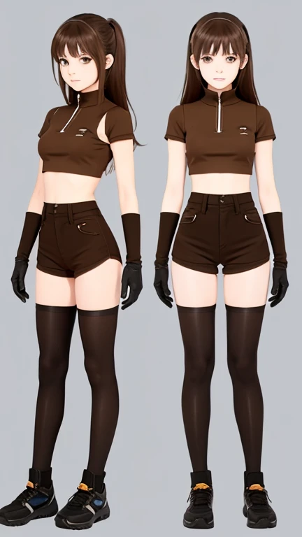 1girl, 15 years old,cool, standing girl, three view drawing, front and back and side, character sheet,full body,simple background,brown hair,anime