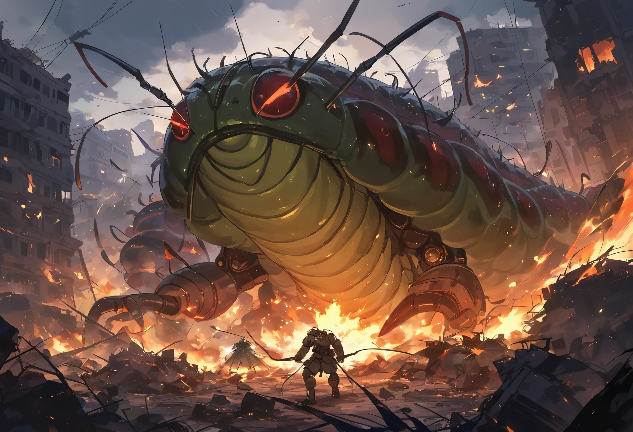 (1creature, larva of a mosquito, Giant Caterpillar:1.4), A heavily armored, bulky robot is engaged in combat in a post-apocalyptic city. The robot has a rugged, industrial design with massive, reinforced limbs and thick armor plating. Its body is equipped with large mechanical parts and heavy weaponry, including a powerful cannon mounted on one arm and a shield on the other. The robot's eyes glow a menacing red, and its stance is aggressive and imposing. The city around it is in ruins, with collapsed buildings, crumbling walls, and debris littering the ground. Smoke and fire rise from various points, adding to the chaotic and desolate atmosphere. The robot is shown in the midst of a fierce battle, with explosions and energy blasts illuminating the dark, stormy sky. The scene conveys a sense of power and destruction, highlighting the formidable nature of the robot in this war-torn setting.