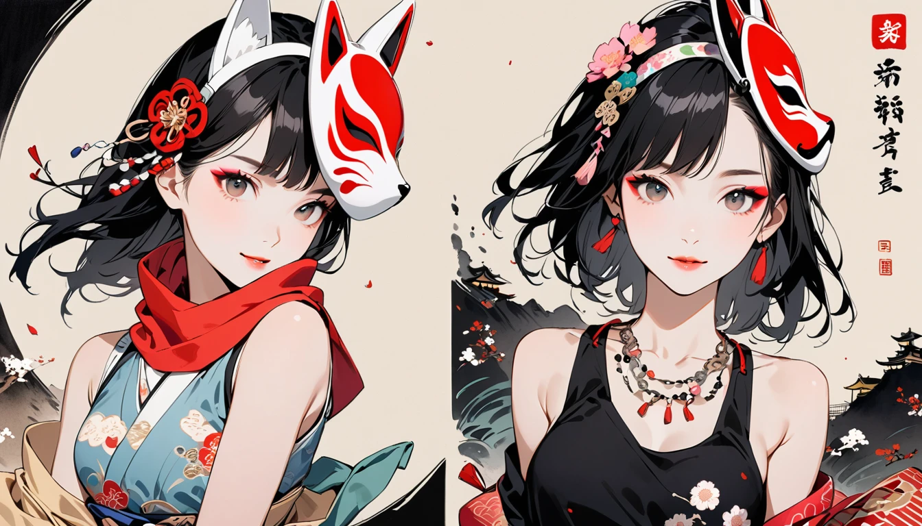 (((Ink Painting))), Fashion portrait color photos, (((1 girl))), (((Put a white fox mask on your head))), (((Japanese pattern tank top))), (((Very flashy hair accessories))), (((Very flashy makeup))), Japanese style headphones, smile, front view, Japan人の美少女, Black Hair, Delicate and precise, Modern ukiyo-e style,Japan, Japanese flag