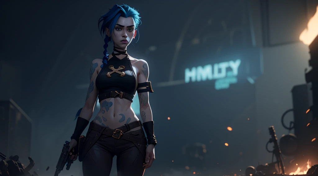 Jinx's character design, Holding a grenade launcher in the shape of a shark, crying, Hot Pink Tears, shoots, Screams, Explosions in the background, half naked, beautiful breasts, Sexy, Arcane's Jinx, sexypose, waves his hand, Pink glowing eyes, hairlong, hairsh, braided into long braids, Pigtails hang below the knee, Hair color changes from bright blue to navy blue, Dressed in brown breeches, Leather boots on the feet, Top with four gold circles on the chest in the middle of the chest, Blue cloud tattoos on shoulders and waist, Long bangs, hanging on the right side, Belt with cartridges on the belt, A pistol in a holster on his left leg, Arcane style, extremely detailed CG unity 8k wallpaper, detailed light, Cinematic lighting, chromatic aberration, glittering, expressionless, epic composition, dark in the background, Cherecter Desing, Very detailed, Detailed body, Vibrants, Detailed Face, sharp-focus, anime art, Vibrants, Detailed Face, Hugh Details, sharp-focus, Very drooping face, A detailed eye, super fine illustration, better shadow, finely detail, Beautiful detailed glow, Beautiful detailed, Extremely detailed, expressionless, epic composition, Presented at artstation, Octane Render, artstation hd, Cinematic, 4 thousand., hypermaximalist, elegant