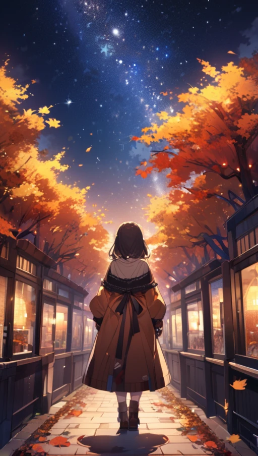 Autumn, girl, starry night