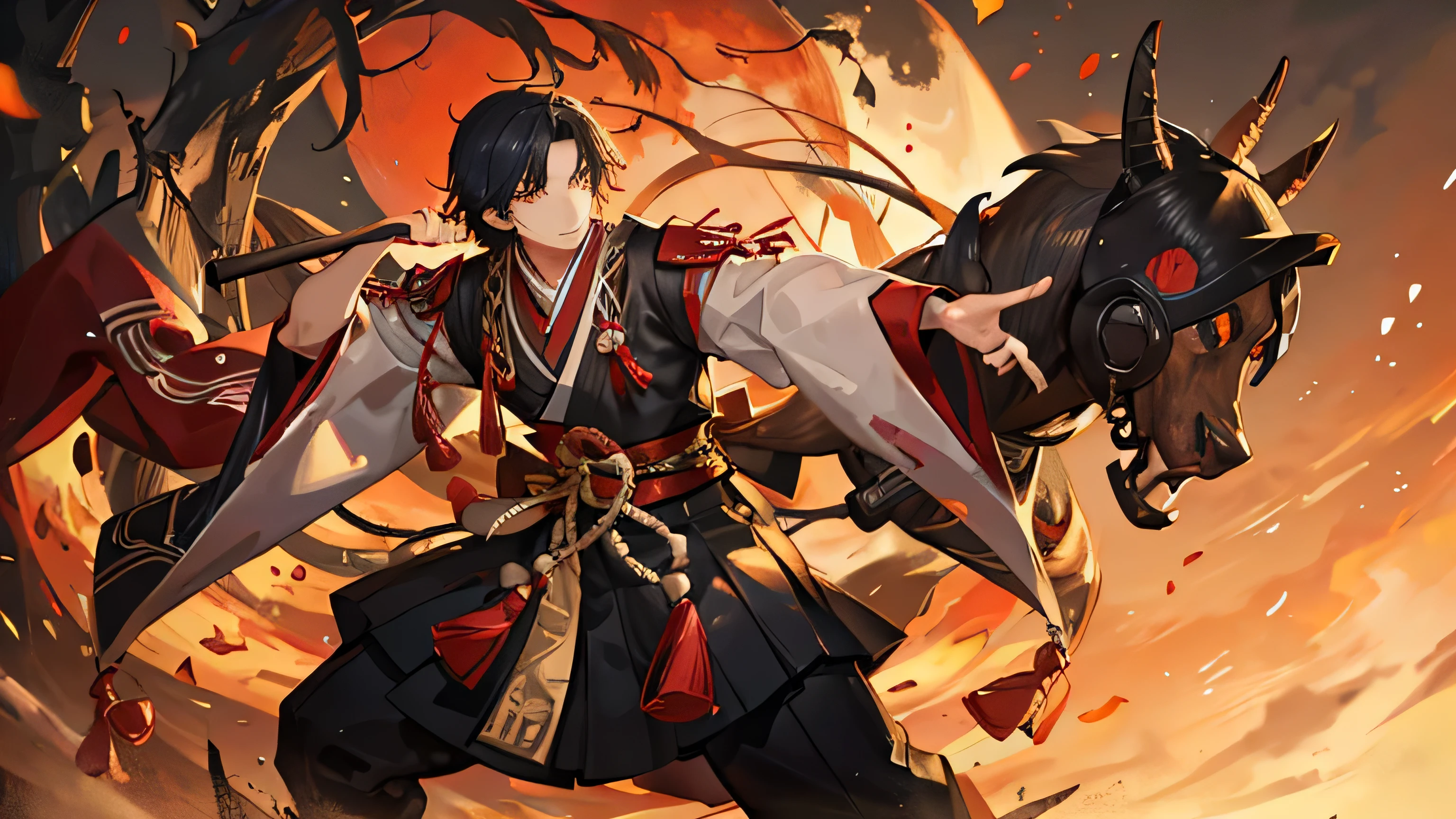 A boy dressed in traditional Japanese clothing fighting an enemy.