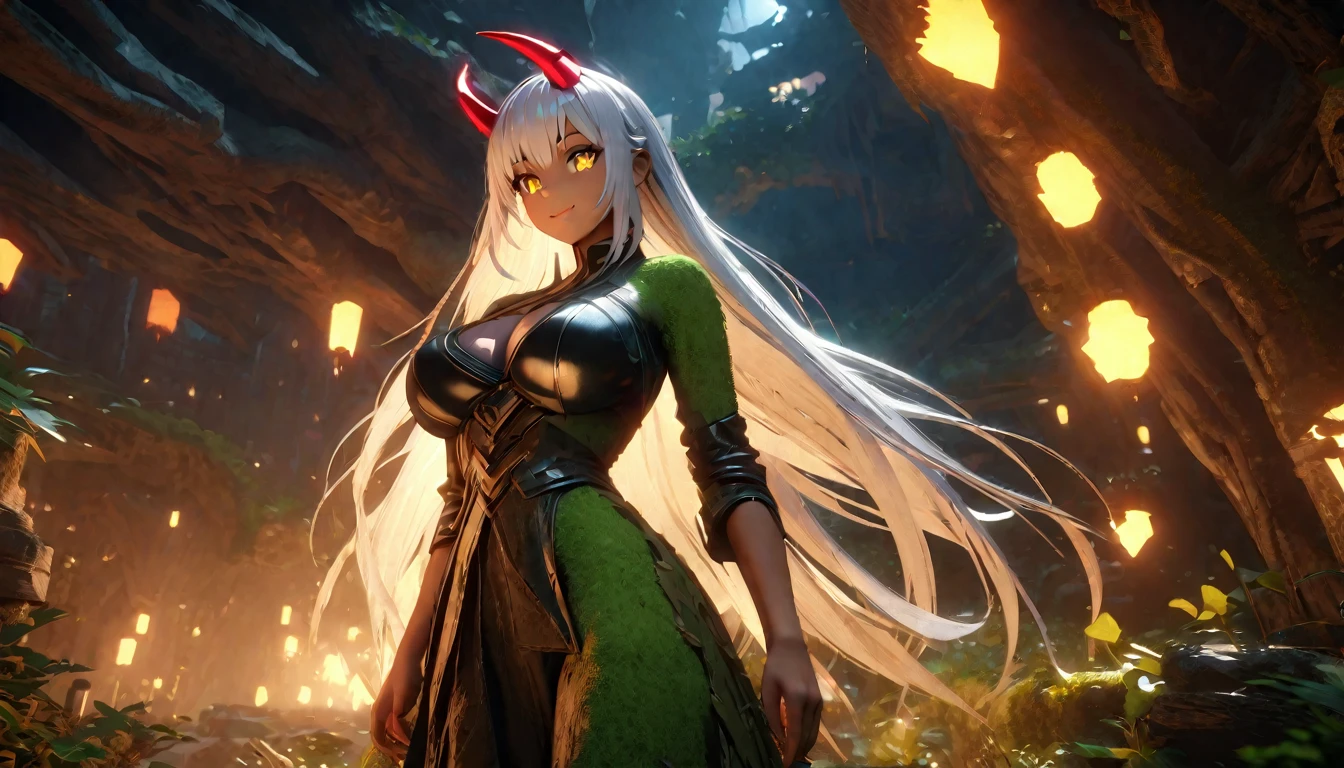 1 woman，masterpiece, качество 8 K, (((red-skinned girl))),((long white hair, yellow eyes,sexy clothes,big breasts,red horns)),bright colors,fantasy style,dramatic lighting,(Best quality,4K,8 K,a high resolution,masterpiece:1.2),ultra detailed,(realistic:1.1),(HDR:1.1),(portraits:1.1) cutie,cinematic still 3D CGI octane rendering of an elemental ent creature made entirely of foliage flora green vines moss and tree roots with a look of concern in a magical swamp ruins, elemental, ent, vines, roots, sparkling eyes, Close-up, creepy, old (man:0.5), shiny intricate details, spicy, 3D rendering, cinematic lighting, unreal engine, Blender, big breasts, Smirk、professional lighting、about, standing, very long hair, cowboy shot, brilliant, brilliant hair, (night:1.2),Dreamy, [[gentle fingers and hands:0.55]::0.85],(detailed fingers),),(emotional),(breathtaking),(main part:1.2) whole body.), (Anime Style), (Super Detailed), (brutal), (uhd, HDR), (8k), (High Resolution: 1.2), (Complex and Beautiful: 1.2)