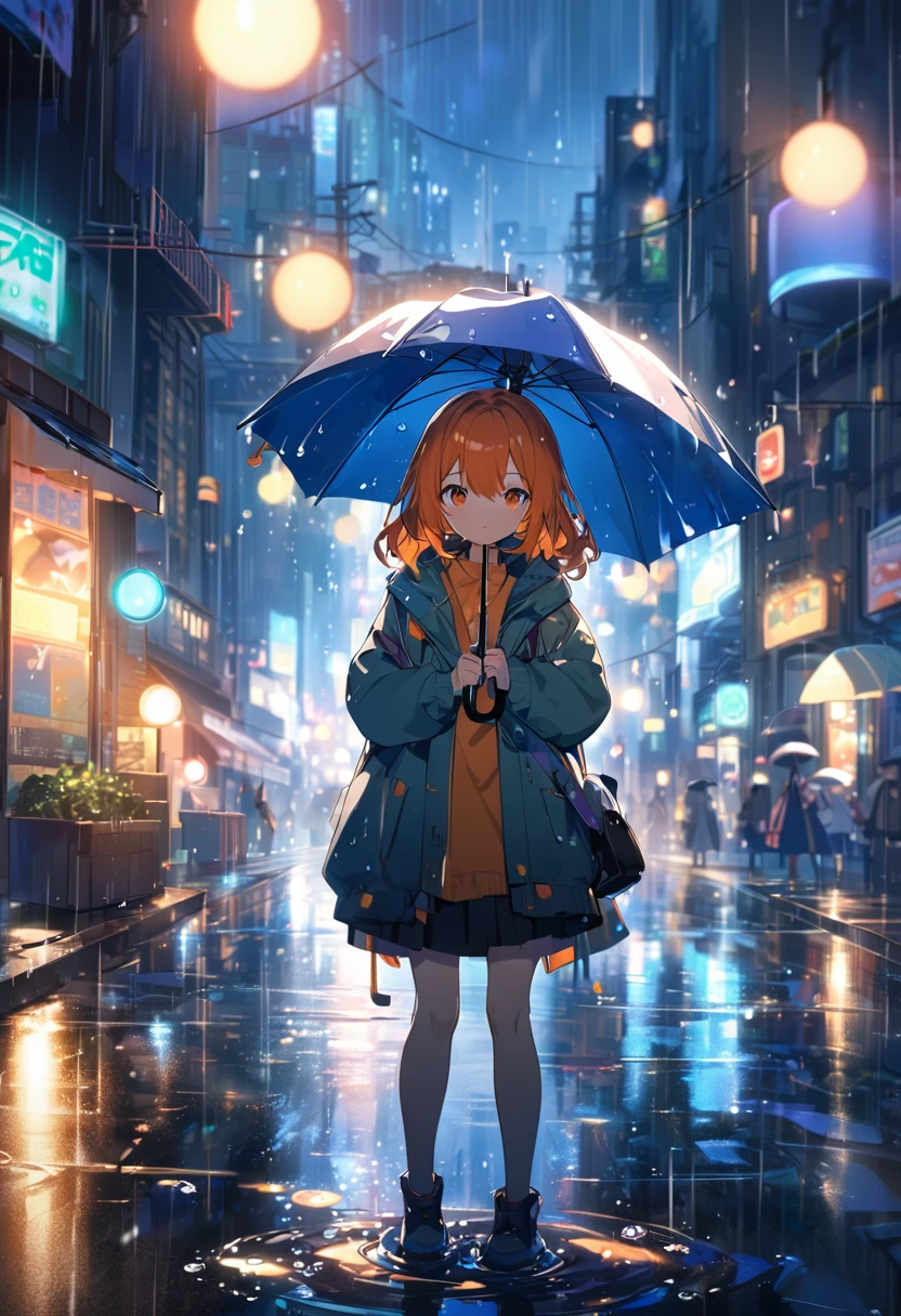 cute anime girl with orange hair, rainy pose, peace sign, holding umbrella, puddles, ,bokeh,anime,cityscape,digital painting,bright colors,soft lighting,atmospheric,moody, bokeh