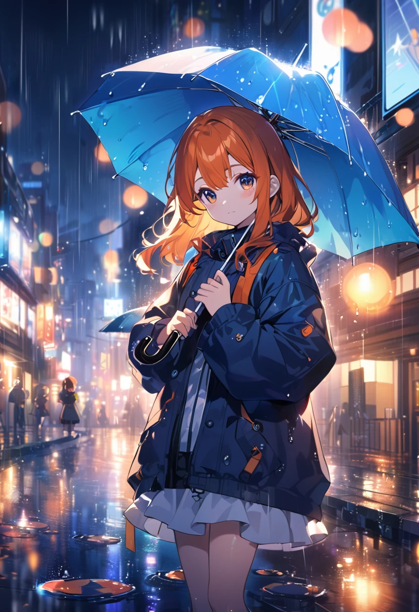 cute anime girl with orange hair, rainy pose, peace sign, holding umbrella, puddles, ,bokeh,anime,cityscape,digital painting,bright colors,soft lighting,atmospheric,moody, bokeh
