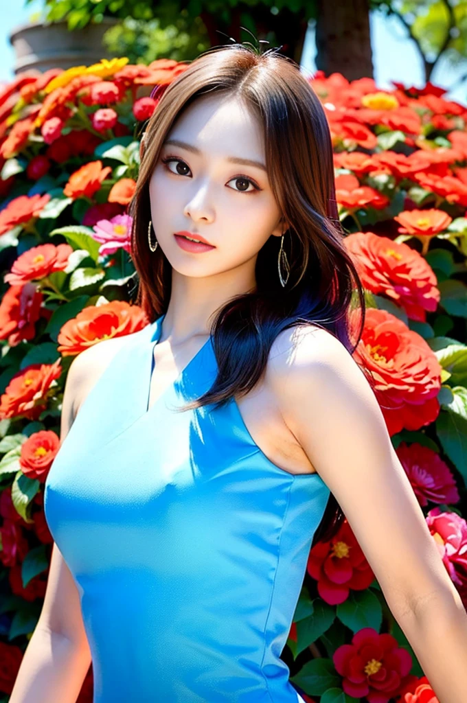 Tzuyu 1, woman, (Realistic), (Hyperrealism), (photoRealistic), Written boundary depth, eye make up:0.7 (whole body:1.8), (Large Bust),(Tight waist), Observe the audience,At the flower garden, Fashion Model, A sexy dress with open shoulders and neckline