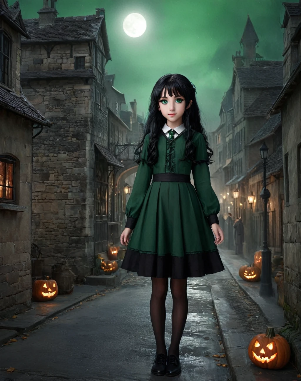 Beautiful daughter of severus snape,,black hair , green eyes 、｛{full body Esbian}｝,Kawaii Girl,kawaii,ultra-detailliert,｛{Andet}},{{Skelets,{{Archaic costumes of the Middle Ages},{(philosopher}},{{disheveled hair,Longhaire}},{{Old books dance},{{read a book}},{{Historical linguis}},{{Darkness Falls,Crazy face}},zombie,graveyard,Halloween,🎃,Jack-o'-lantern,Horror,the bats,Fashionable,Pop,halloween night,
