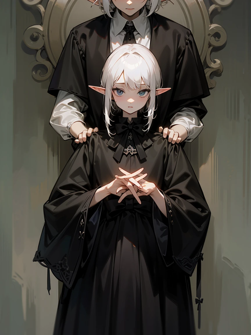 ((1 man)) Adopt the concept of the character ,elf , , whole body, ((gothic outfit)), Bare hands, with white hair, In the hands of the bow