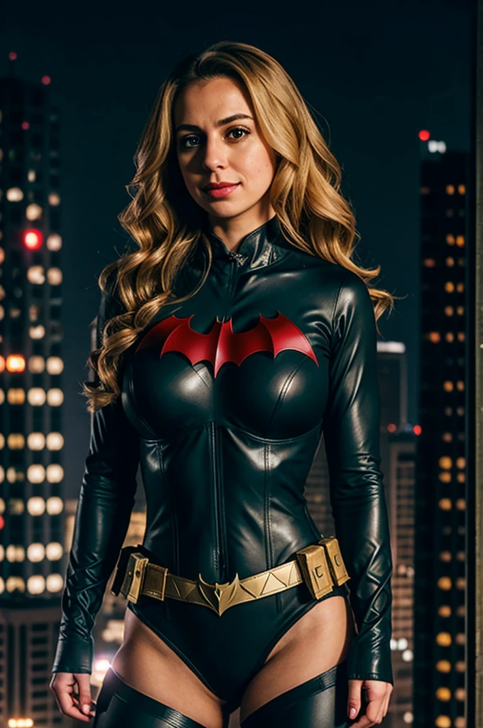 Sara Jay as Batwoman,blonde hair, large breasts, batwoman outfit bodysuit Utility Belt at night in Gotham City