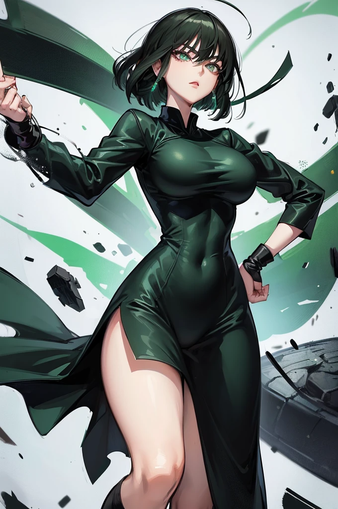 ((Best quality)), ((Masterpiece)), (Details) Big breasts, Black Qi Pao outfit, 1 girl, Fubuki, ((One punch man)), Long hair, Whole body , perfect body, perfect face, light green eyes Whole body