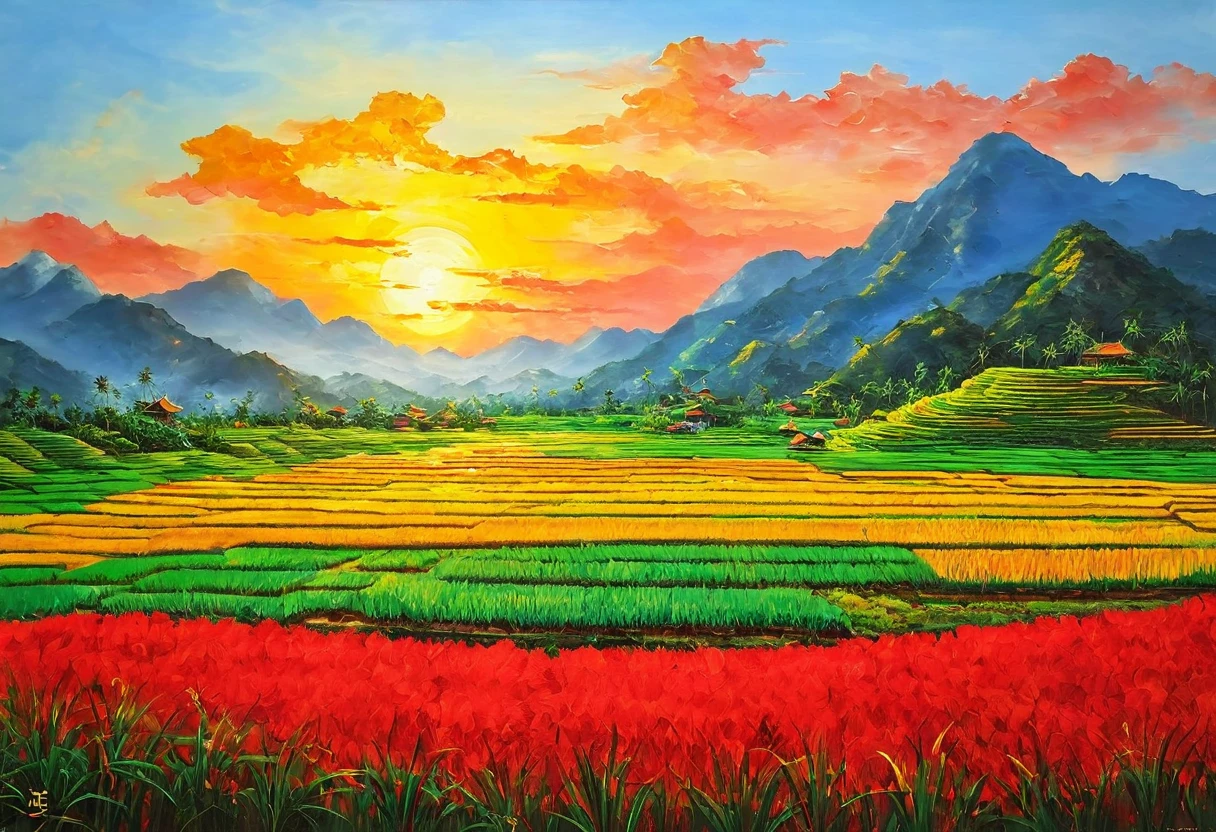 Painting with paints and palette knife。Impressionism。Mountain々The sun sets on。The rice fields in the foreground are dyed red by the setting sun。masterpiece。Painting with depth。Delicate touch。