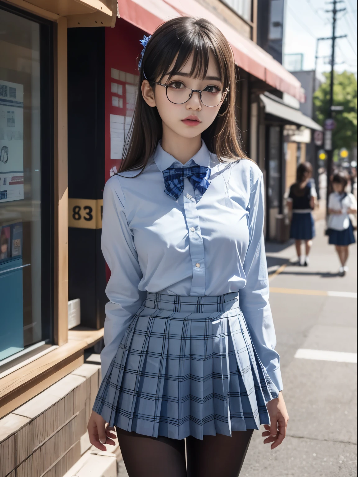 (8k、生photograph、Highest quality、masterpiece:1.2)、(Black Pantyhose)、(Small breasts)、(Small breasts)、(Small breasts)、(Cutting board)、(Cutting board)、(Glare)、(anger)、(Light)、(Half an eye)、Sleepy eyes、Squint your eyes、Round Glasses、cute、JK、high school girl、Japanese women、Are standing、(PhotoReactive:1.37)、Photon Mapping、Real、(Very delicate face)、cute小さな顔、Brown eyes、(Red bow tie)、Radio City、Physically Based Rendering、Prospect、Character boundary depth、Blurred Background、photograph、girl、body、Beautiful feet、Long legs、Thin legs、(前hairが見える)、hair、lips、Blue_The目、Soft Nose、(Light blue shirt)、(Navy, blue and white plaid pleated skirt)、High school uniforms、See-through clothing、Thighs、black cotton socks、Nogizaka Idol、、Japan Ido