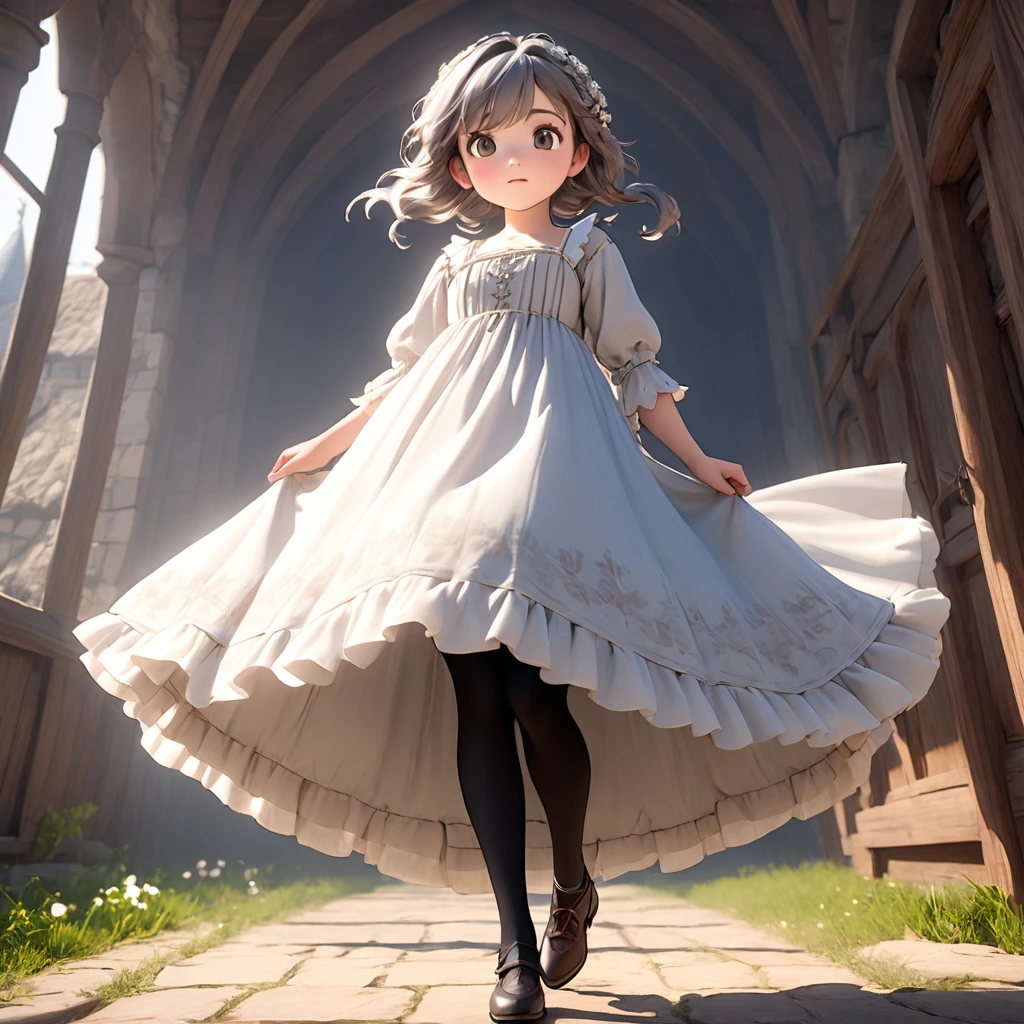 (Highly detailed CG Octane render 8k wallpaper), 8 year old girl underwear, Realistic cotton bloomers, Medieval long dress with panniers, Fabric Realism, Low Angle, Pull up the dress by hand, Strong winds, Translucent slip, Translucent slip, tights, Highest quality, whole body