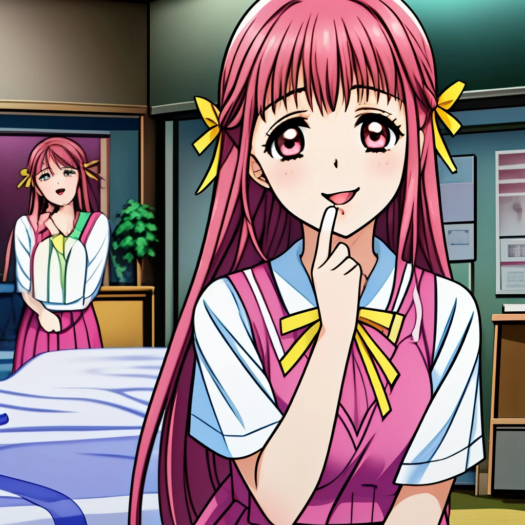 (highest quality, masterpiece:1.2), highest quality, High resolution, 1080P, 8k, (Very beautiful and delicately drawn high-resolution anime CG: 1.5), (Four girls surrounds the bed looking at the bed: 2), (Four beautiful 15yo girl anime heroine, A very neat, very noble, pretty, pure girls are surrounding a pink bed and licking the bed at a time as succubus: 1.4), (sharp thin lines: 1.2), Glossy lips, Evenly cut curled bangs, (beautiful blue eyes with detailed: 1.4), (Very beautiful and very super-long flowing pink long hair: 1.2), (Noble pink gorgeous school vest uniform, pink gorgeous pleated noble skirt, white neat blouse: 1.8), (Yellow cute school ribbon on her chest), (Yellow hair ribbon clip: 1.0), (Giggling: 1.0), (Mouth is laughing and wide open as a game heroine: 1.0), (A beautiful body like a model), (Walking with a brown leather school bag, turning around), (long cute eyelashes: 1.4), ((thin droopy eyebrows: 1.4)), (giggling and giving her extreme happiness with her mouth widely open!: 1.6), (licking with her very long tongue: 1.6), (laughing shy cheeks and lips, as if watching a comedy: 1.5), ((Very super long wavy hair is too much beautiful: 1.0)), (Tilting her head shyly: 1.2), (Too beautiful women to stop falling into her, 1.6), (She is in fact succubi and calling me with strong religious temptation, drops me into craziness: 1.2)