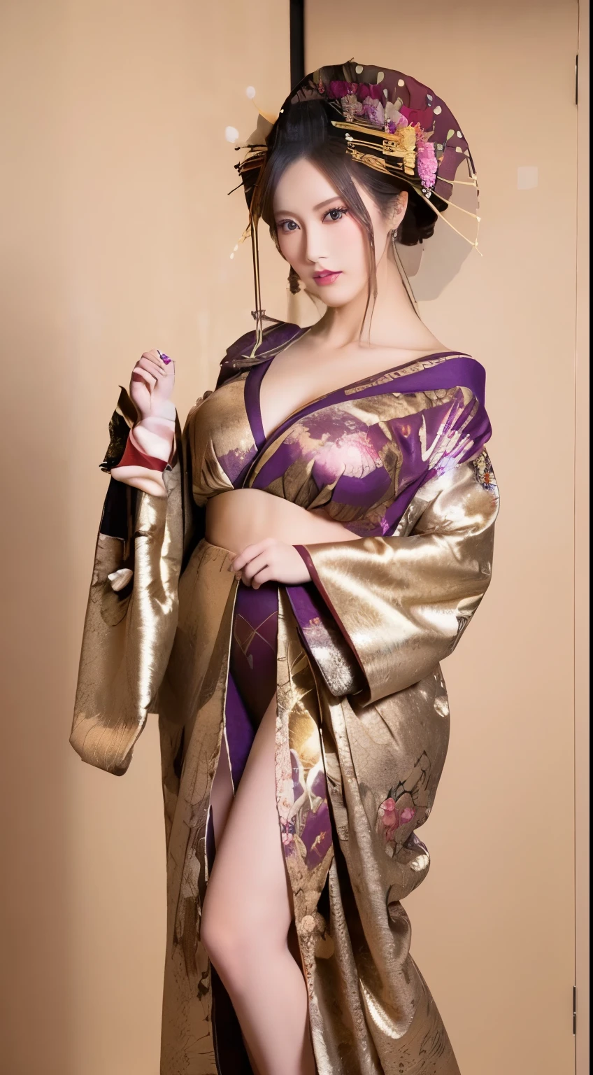 ((masterpiece(:1.4),Highest quality,Ultra-high resolution,Highest quality,8k,Extremely detailed,In detail))。night,Japanese,(A beautiful woman),glossy,slim,Large Breasts(1.6),sexy,glamorous,((Golden Ratio Style,Perfect Style)),Narrow waist,Flashy gal makeup,Japanese garden,Oiran,Prostitute,Sunny day outfit,Uchikake,Gold brocade,((A gorgeous kimono)),A cutting board belt tied in front,Hair tying,hairpin,hair ornaments,Gorgeous costumes,Beautiful standing posture,Presence,Exude sex appeal,looking at the camera,Show off your style,