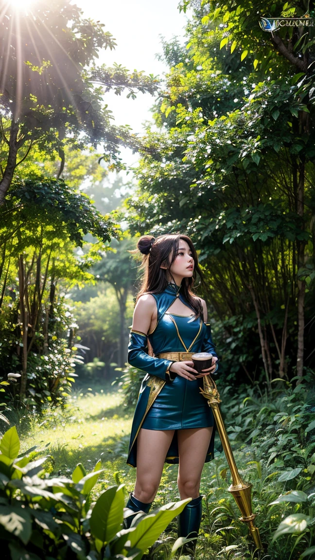 "Create an image of Tristana in her Classic skin from League of Legends by Riot Games, no having clothes,wearing her iconic blue and gold outfit with her large cannon, have massive k-cups, standing in a lush, green forest with towering trees and sparkling sunlight filtering through the leaves."

