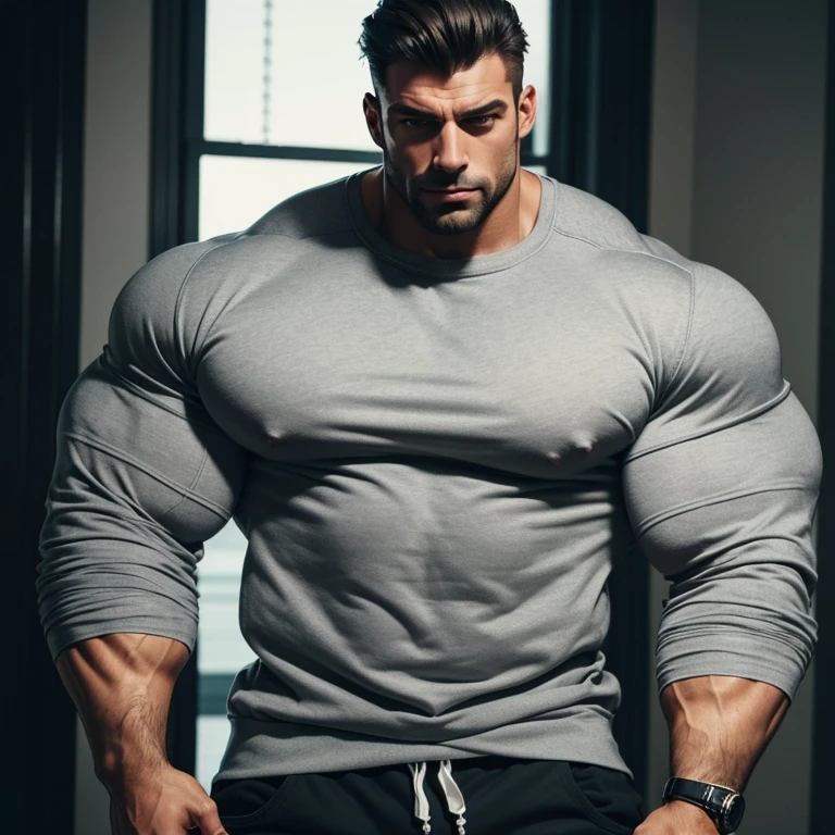 a very handsome, massively muscular man, with massively large muscles, with massively large biceps, with massively large arms, wearing a simple gray sweatshirt with long sleeves