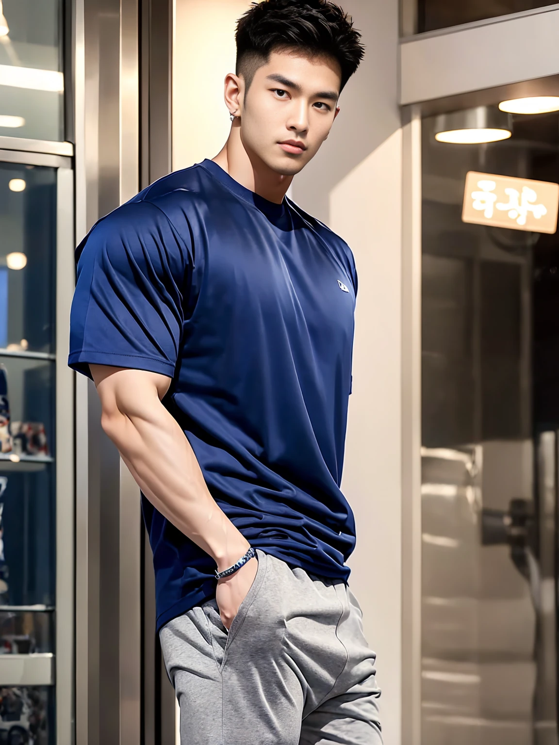 Korean male model, Big muscles, Handsome, Cool, Smoothly combed hair, Ear piercing, Wearing a navy blue T-shirt, Holding a lollipop, image, modeling, Dynamic poses, Japanese Street, In the middle of the night, Shop Lighting Trade, full-body shot