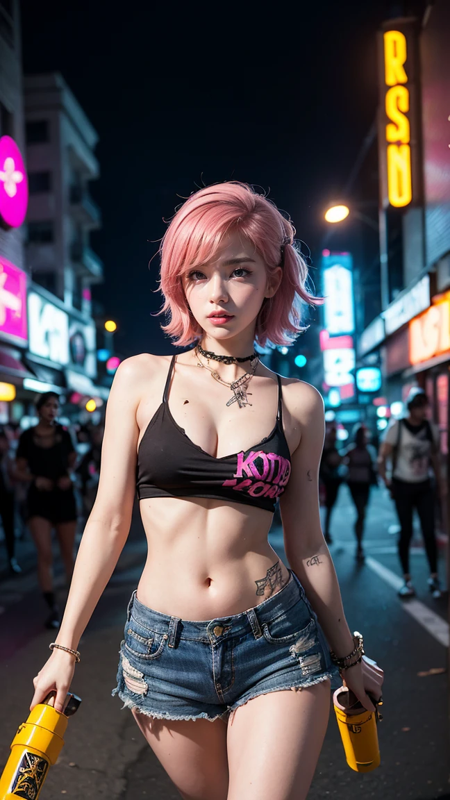 "Illustrate Tristana in her Riot Girl skin from League of Legends by Riot Games, no having clothes,adorned in a punk rock outfit with bright pink hair and her flashy cannon, have massive k-cups, in a vibrant, urban cityscape with graffiti-covered walls and neon signs."

