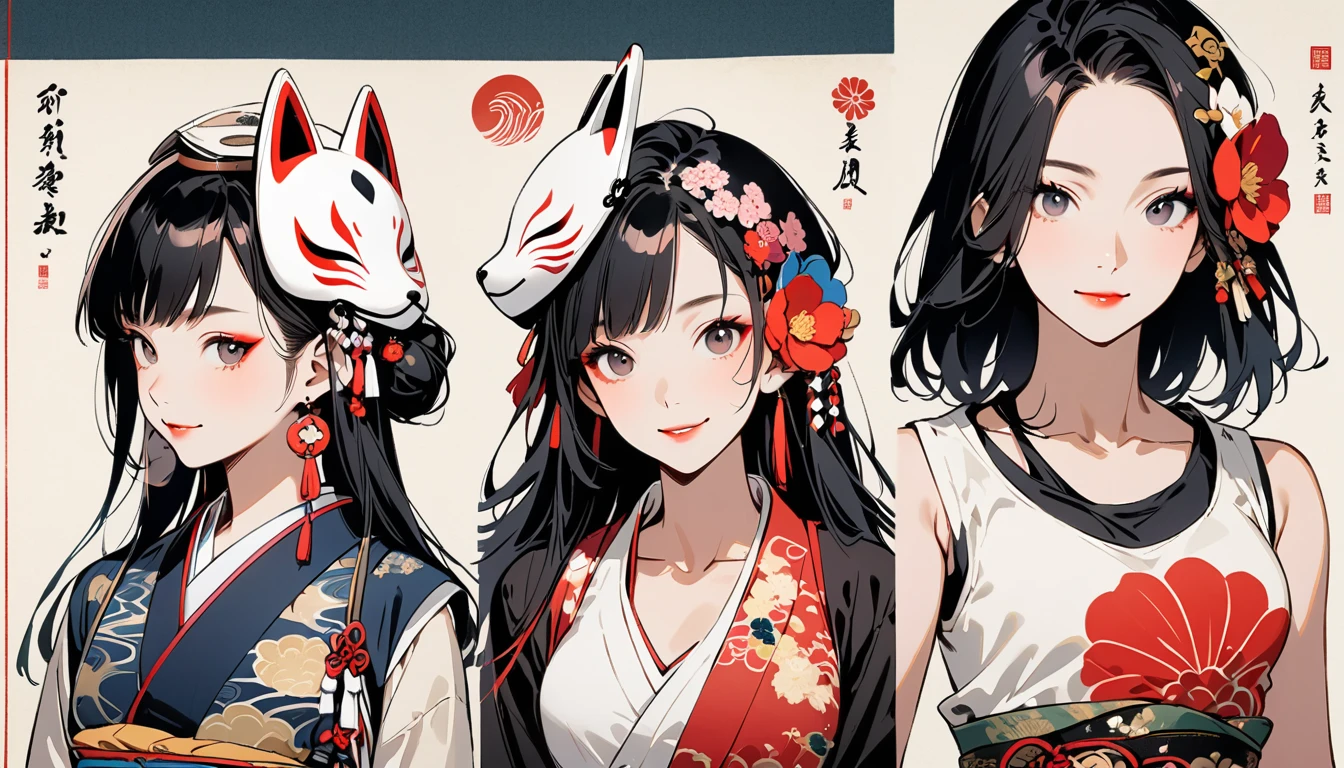 (((Ink Painting))), Fashion portrait color photos, (((1 girl))), (((Put a white fox mask on your head))), (((Japanese pattern tank top))), (((Very flashy hair accessories))), (((Very flashy makeup))), Japanese style headphones, smile, front view, Japan人の美少女, Black Hair, Delicate and precise, Modern ukiyo-e style,Japan, Japanese flag