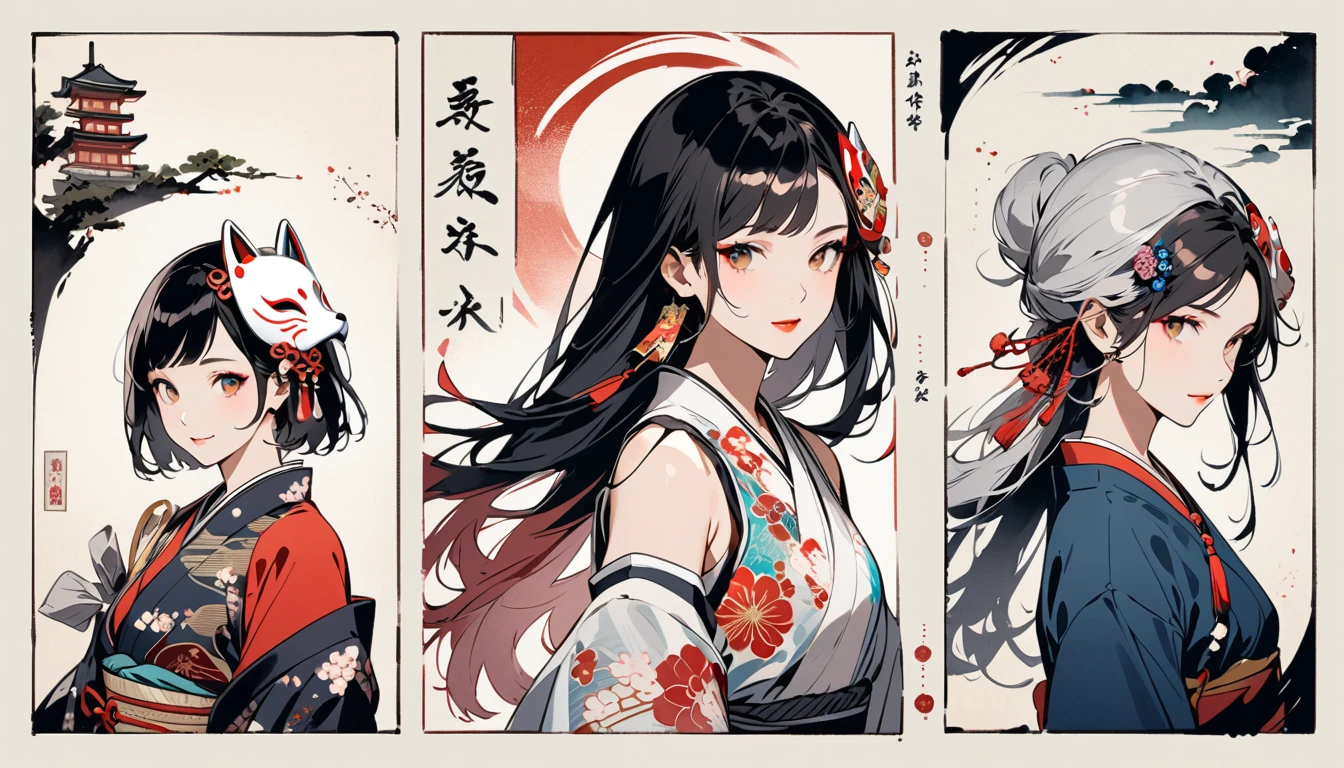 (((Ink Painting))), Fashion portrait color photos, (((1 girl))), (((Put a white fox mask on your head))), (((Japanese pattern tank top))), (((Very flashy hair accessories))), (((Very flashy makeup))), Japanese style headphones, smile, front view, Japan人の美少女, Black Hair, Delicate and precise, Modern ukiyo-e style,Japan, Japanese flag