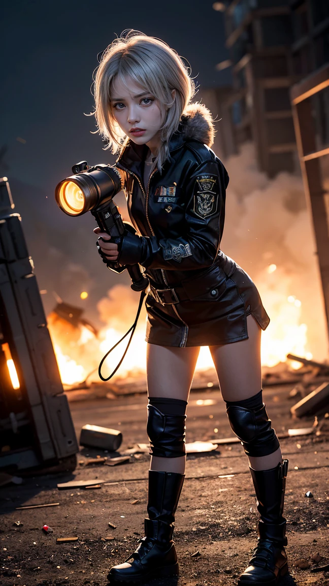 "Show Tristana in her Omega Squad skin from League of Legends by Riot Games, no having clothes,wearing a futuristic, military outfit with night vision goggles and her high-tech cannon, have massive k-cups, in a dark, war-torn battlefield with explosions and debris."
