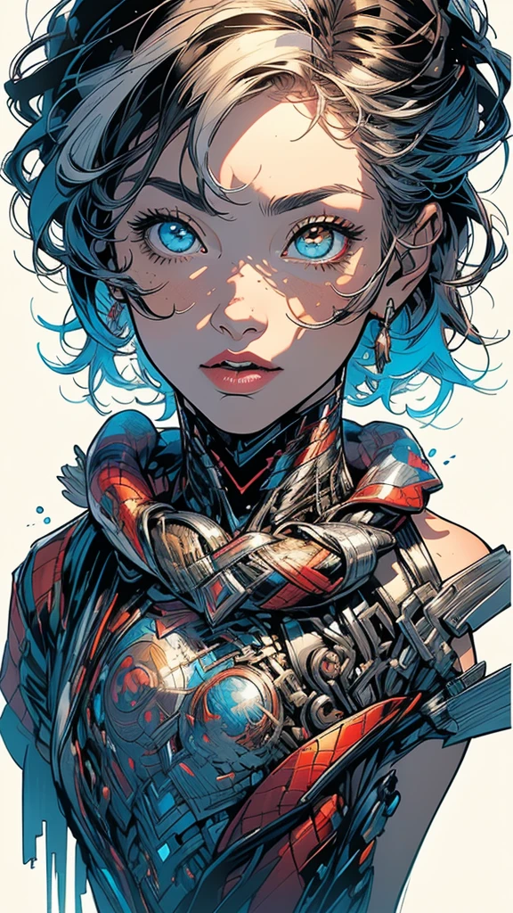 (((masterpiece, highest quality))),(((solo:1.2))),(((1girl:1.2))),32k wallpaper, very detailed,(((((portfolio))))),(((((Close-up))))),(((((bust up))))),((((more various angle)))),((((highlight)))),((((heterochromia)))),(((complete. detailed face))),((((Extremely talented)))),(((((most complecated futristic machine))))),(Colorful color scheme),(((detailed unlimited complete equipment : scope))),(((((Absolutely simple background))))),(((Texture for people : grunge))),(((marvel super hero's))),(((Characteristic enlarged jaw))),(((huge chin))),(((Chin sticking out)))
