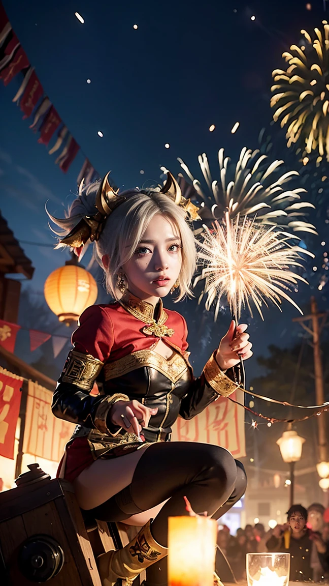 "Illustrate Tristana in her Firecracker skin from League of Legends by Riot Games, dressed in a festive, no having clothes,Lunar New Year outfit with fireworks and her ornate cannon, have massive k-cups, in a bustling, colorful festival with lanterns and fireworks lighting up the night sky."