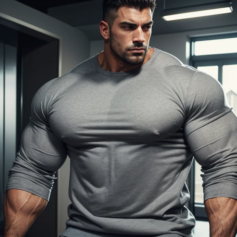 a very handsome, massively muscular man, with massively large muscles, with massively large biceps, with massively large arms, wearing a simple gray sweatshirt with long sleeves