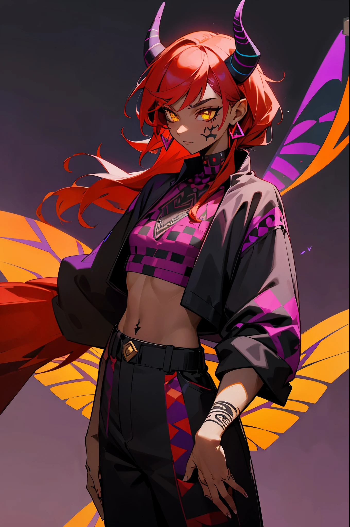 Black and Purple Tribal Markings On Body, Black and Purple Face Tattoos , Purple Butterfly Fairy Wings , dark skin, small yellow horns, light yellow eyes, red earrings, red hair, mature woman, red cloak, red pattered shirt, black checkered pants,, fully clothed, skinny arms
