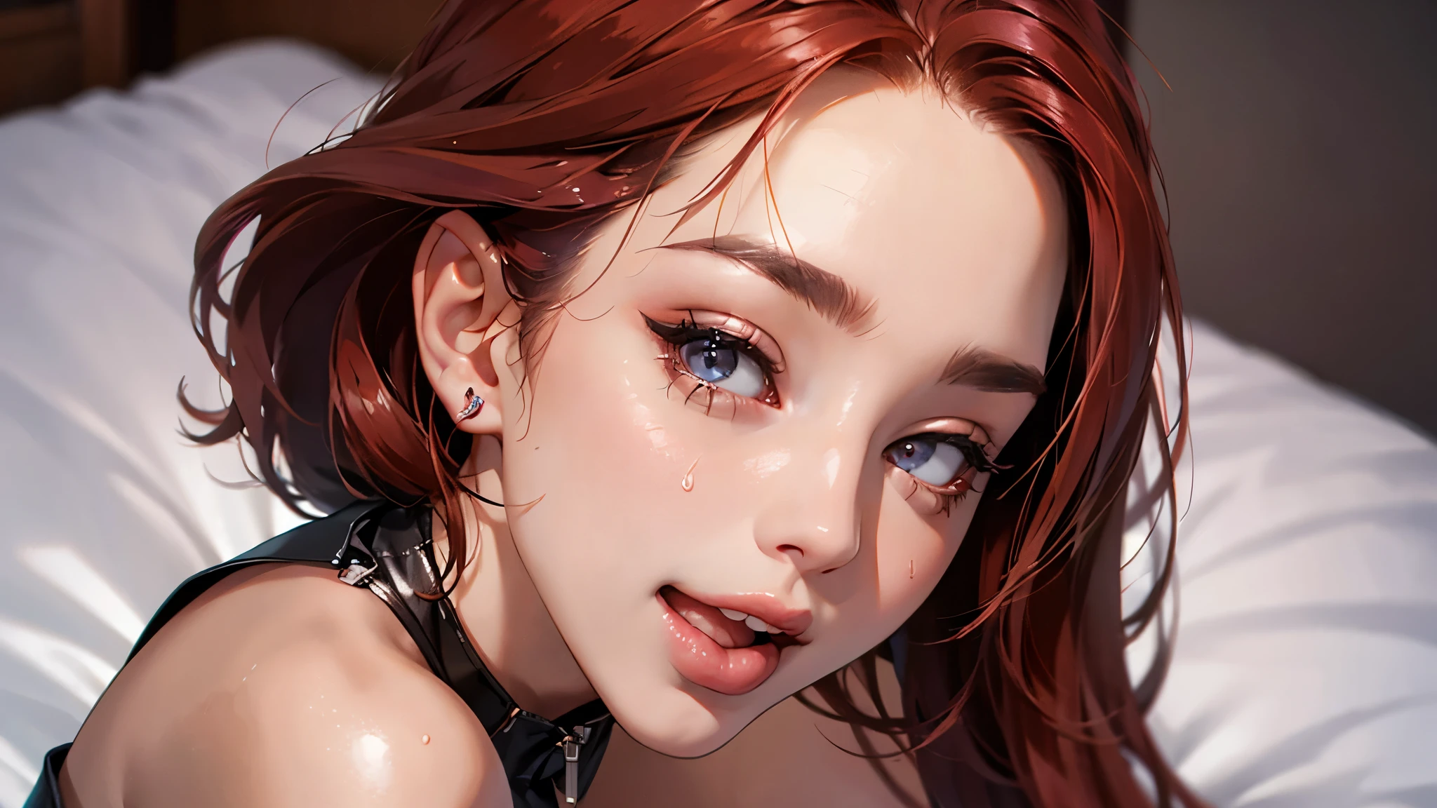 such，red hair 28 year old girl, ear rings , 、face real，、Open your mouth as wide as possible、Sit on the bed、Look straight up and look at us、Deep V-Neck, cleavage emphasis，(Super large chest zoom)、Good Good、sexly, drips onto the breasts, sweating, licked her lips, aroused, crop top, look up at the viewer, kneel on the bed, huge breasts