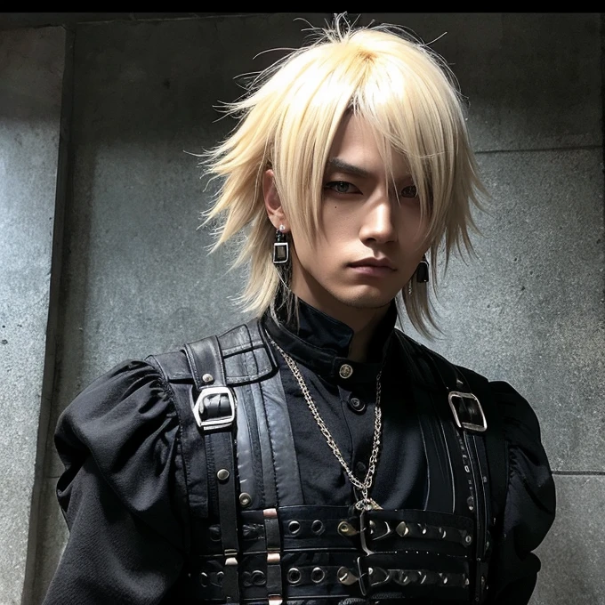 1 man, male, Japanese man, Visual Kai hairstyle, ultra detailed face and body, hyperrealistic, realistic representation, muscular, broad shoulders, tattoos gothic style, piercings, Visual Kei style, hairstyle Visual Kei, blond, long hair, 40 years old, age 40, outfit gothic streampunk, men's shirt and black pants, Asian eyes, eyes Asian, Visual Kei hairstyle