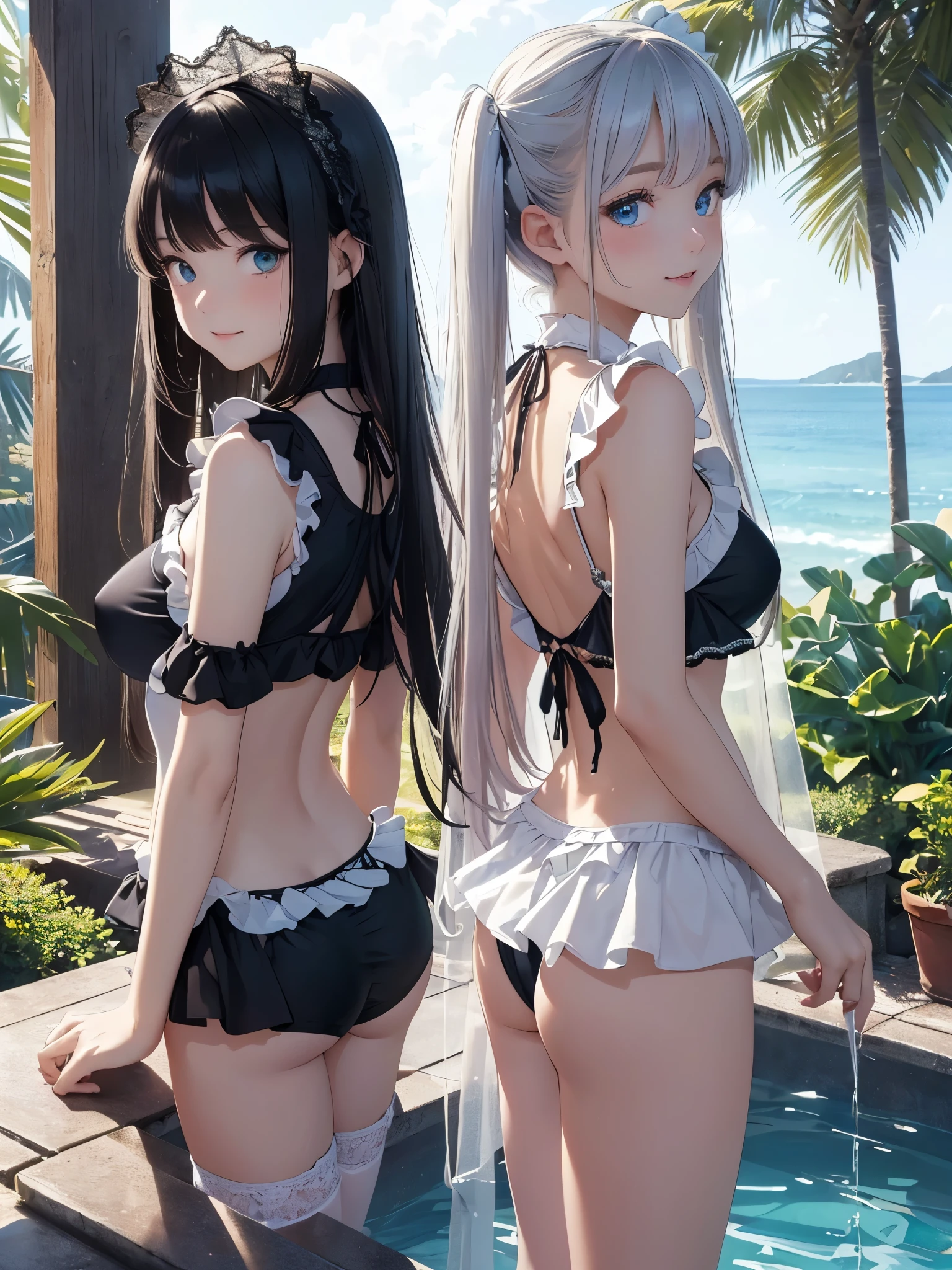 ((masterpiece)), ((highest quality、Ultra high definition)), (Very detailed),8k、Photo quality、((Amazingly cute girl)),)), Two people, , (Beautiful emerald blue eyes), ((smile、Small breasts)),In the open-air bath overlooking the sea, Beautifully arranged black hair in twin tails、Slim Body、(((Cute swimsuit with lace and frills)))、Professional Lighting、(White lace knee-highore detailed and beautiful)、(More details and cutenesore realistic)、((Just wear light clothing))、Frolic in the pool、((unbelievably cute))、(((Front and Back)))、