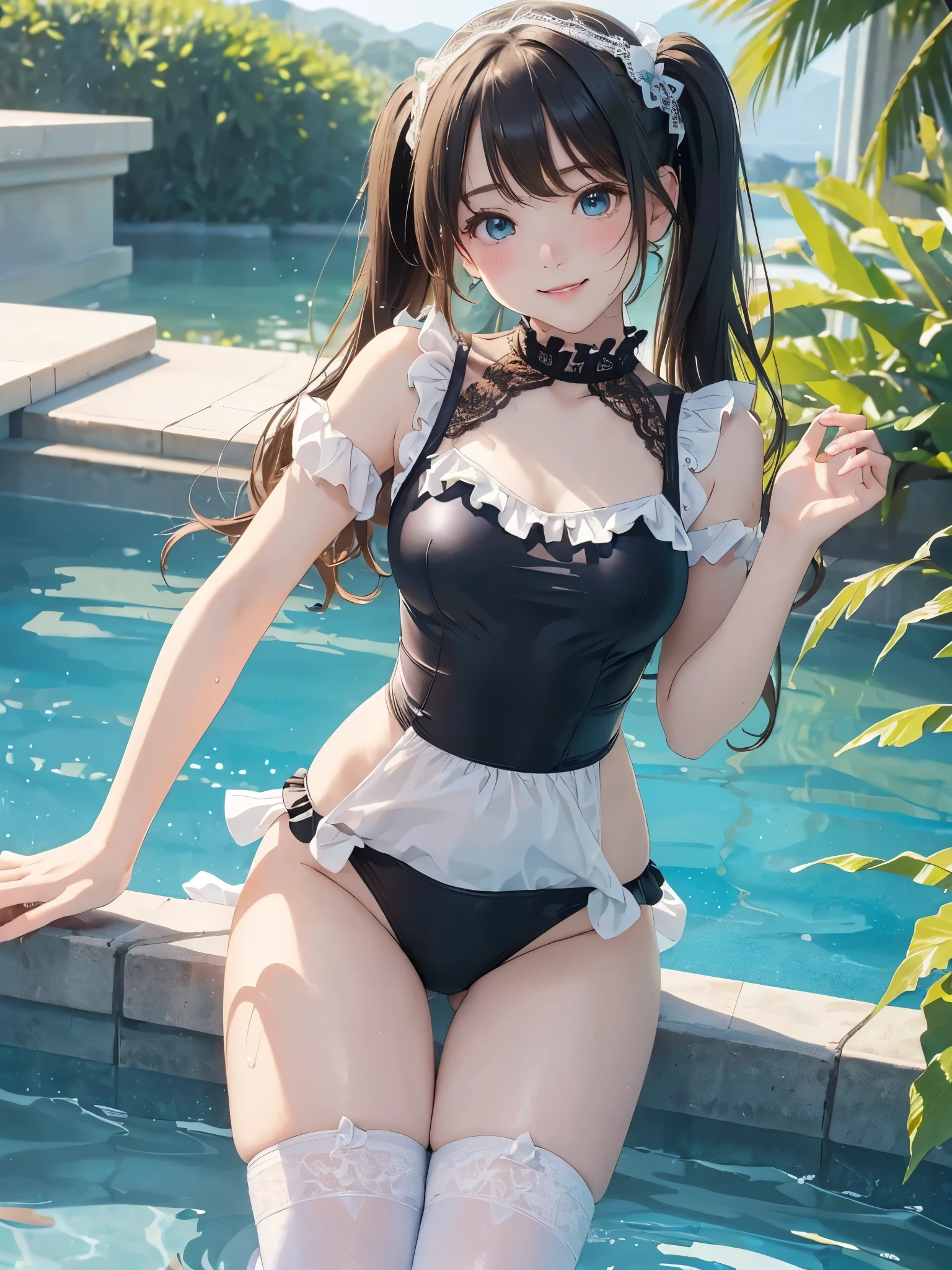 ((masterpiece)), ((highest quality、Ultra high definition)), (Very detailed),8k、Photo quality、((Amazingly cute girl)),16-year-old girl)), Two people, , (Beautiful emerald blue eyes), ((smile、Small breasts)),In the open-air bath overlooking the sea, Beautifully arranged black hair in twin tails、Slim Body、(((Cute swimsuit with lace and frills)))、Professional Lighting、(White lace knee-highore detailed and beautiful)、(More details and cutenesore realistic)、((Just wear light clothing))、Frolic in the pool、((unbelievably cute))、((A cute pose))、